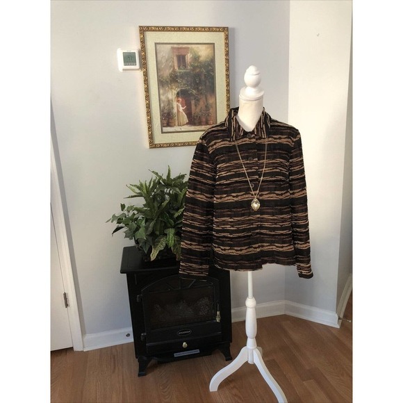 Coldwater Creek Jackets & Blazers - Woman’s Coldwater Creek Striped Brown Jacket M Long Sleeve Open Button Collared